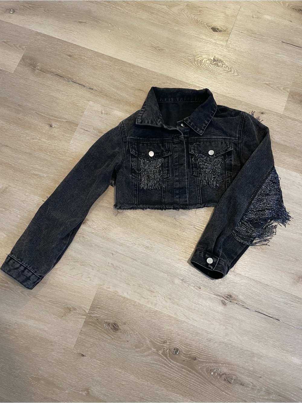 Cropped Black Denim Jacket with Fringe Detail
